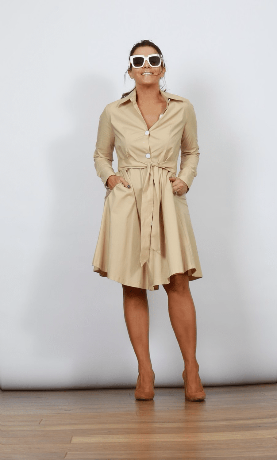 SABIA שמלת מיני כפתורים קאמל image 7