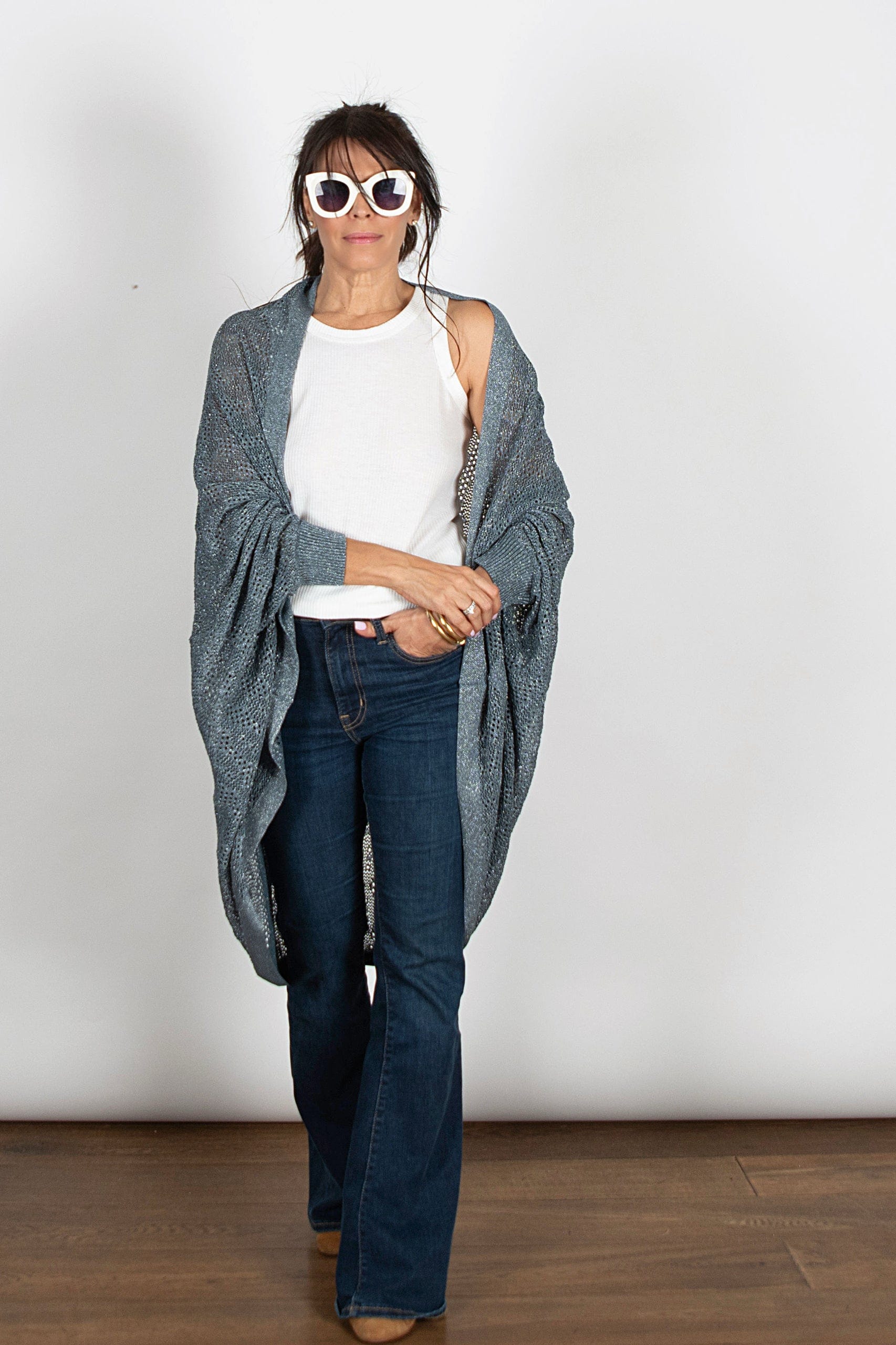 LIAM  עליונית סריג חורים כחול כסוף image 5