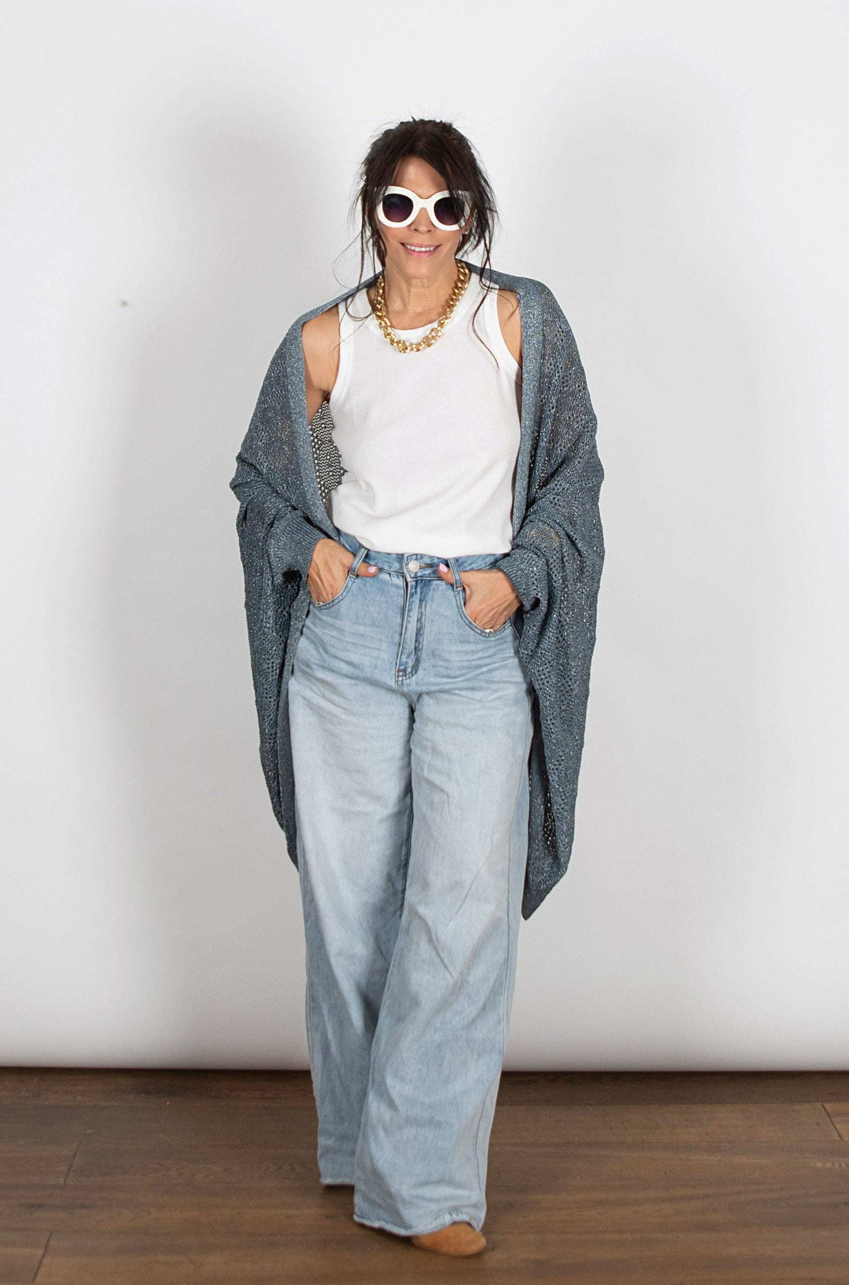 LIAM  עליונית סריג חורים כחול כסוף image 11