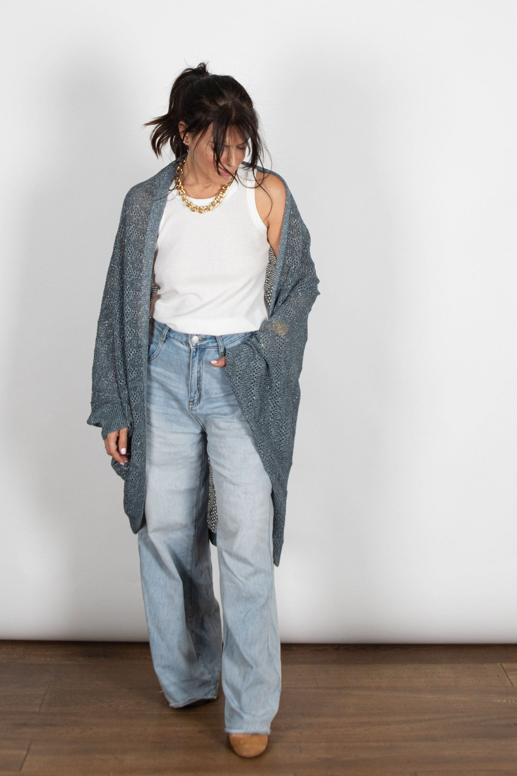 LIAM  עליונית סריג חורים כחול כסוף image 4