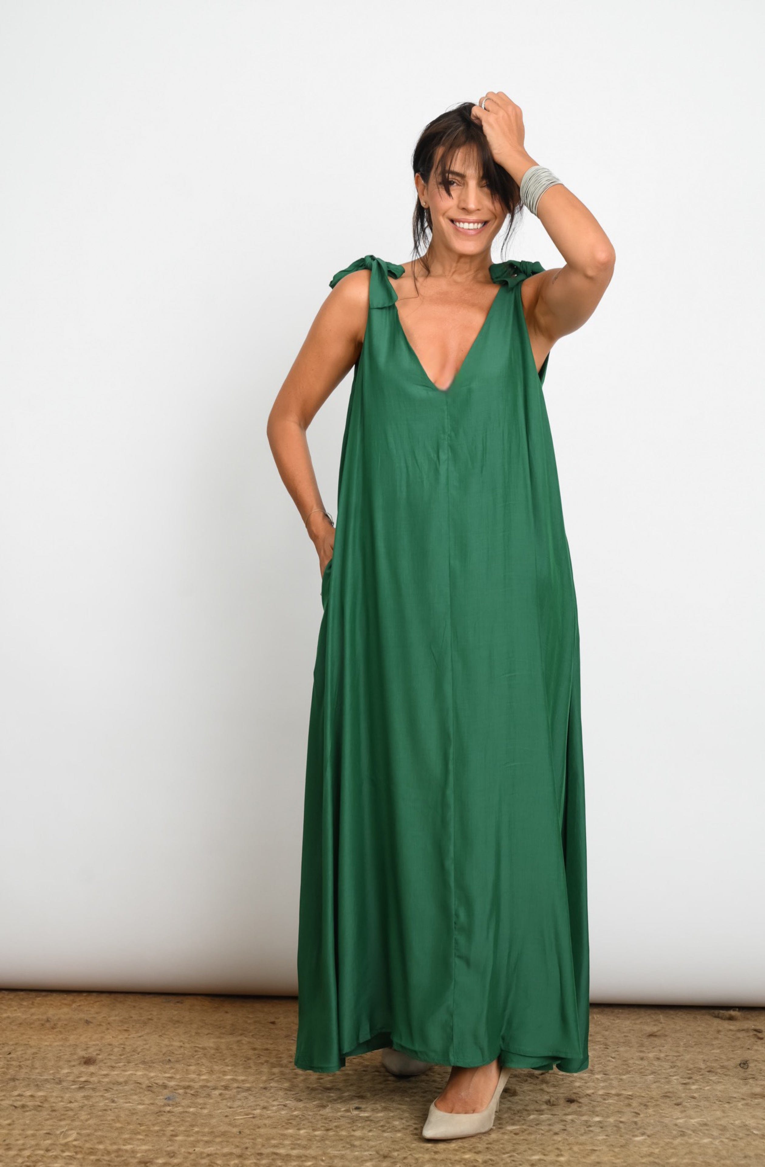 FLY  שמלה ירוקה כתפיות קשירה image 12