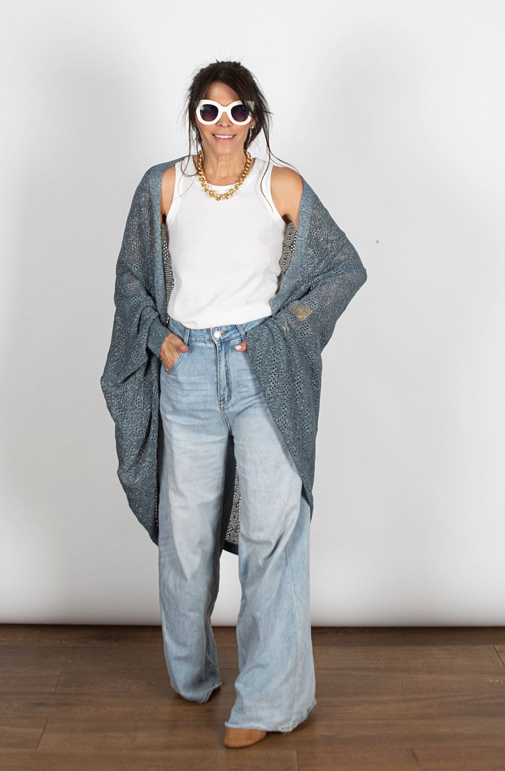 LIAM  עליונית סריג חורים כחול כסוף image 2