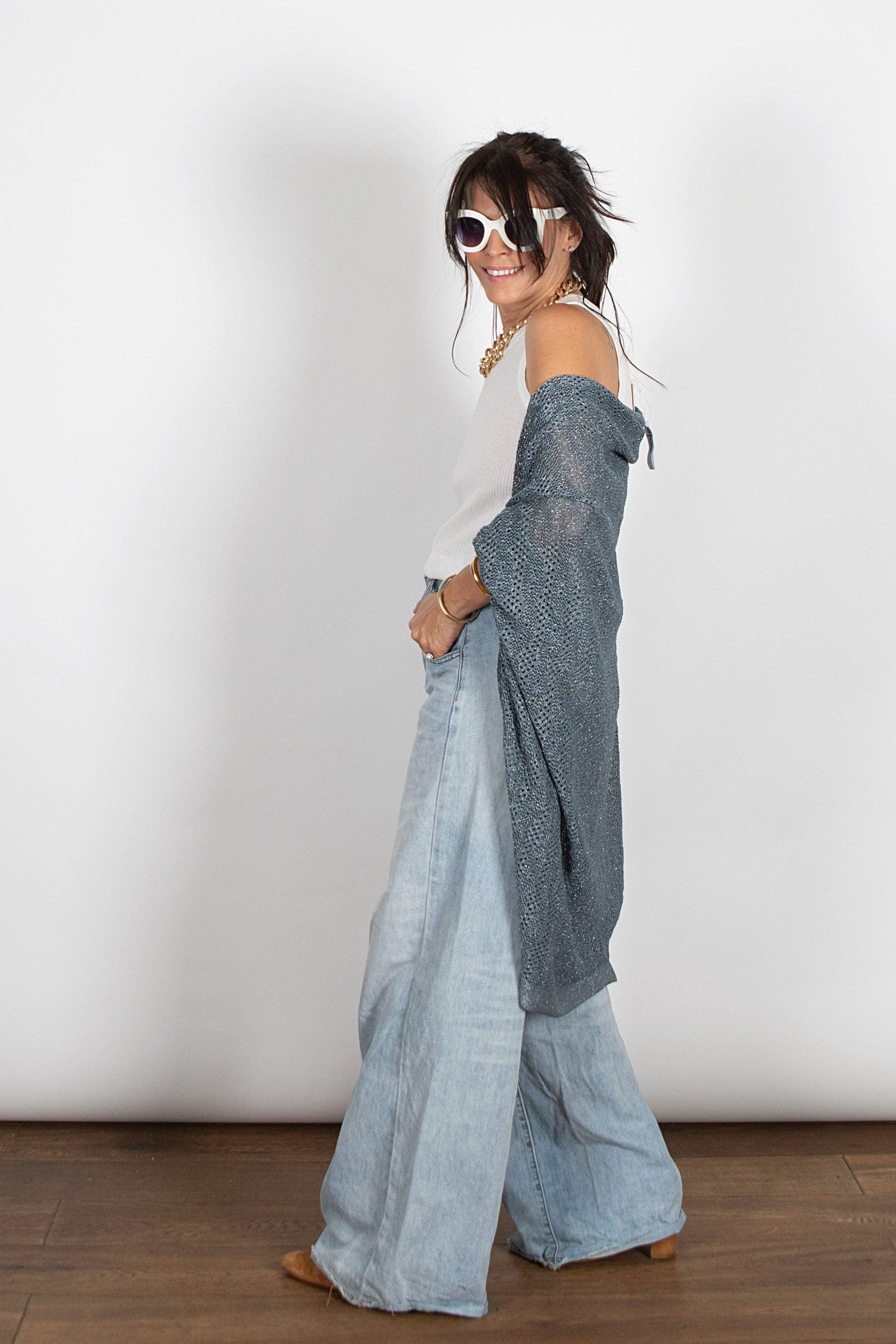 LIAM  עליונית סריג חורים כחול כסוף image 10